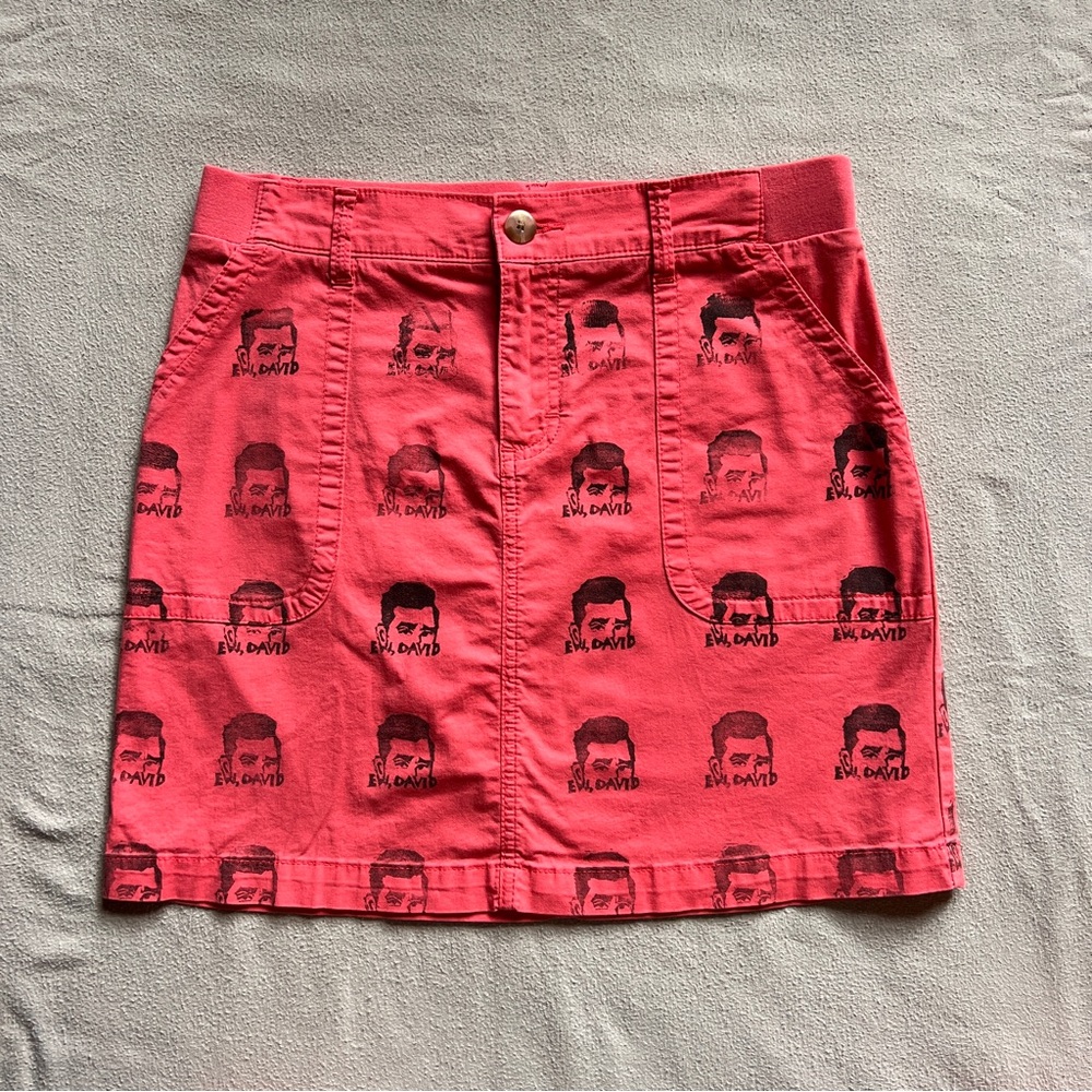 Lee Hot Pink Hand-printed Graphic Mini Skirt w/ Schists Creek David Rose Pattern